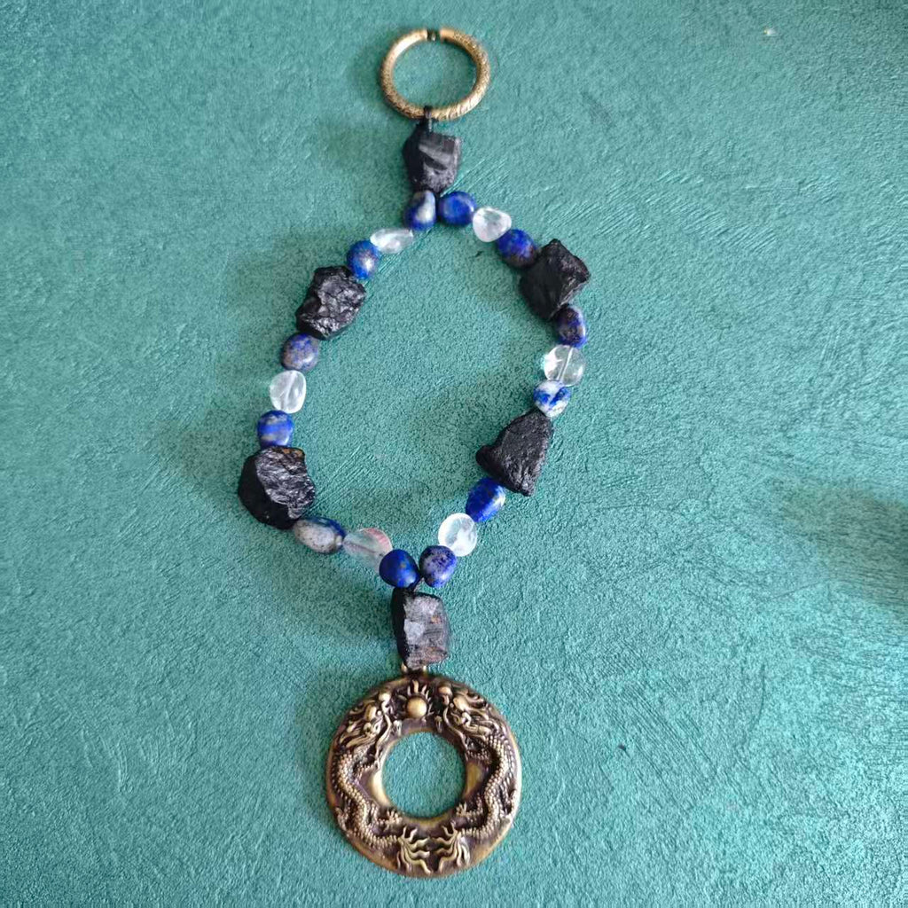 Solid Brass Double Dragon Pearl Keychain, Raw Black Tourmaline Lapis Lazuli Clear Quartz Charm