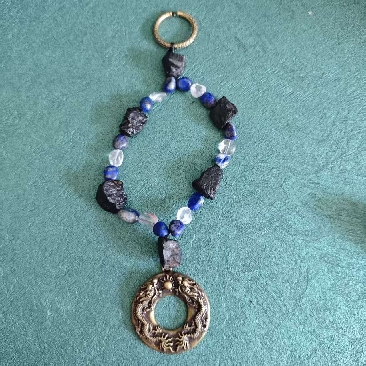 Solid Brass Double Dragon Pearl Keychain, Raw Black Tourmaline Lapis Lazuli Clear Quartz Charm