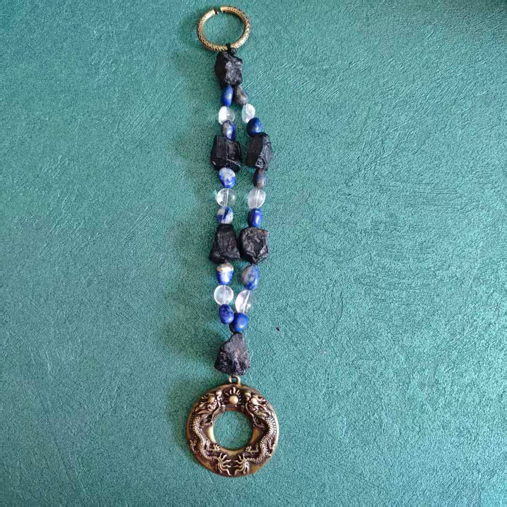 Solid Brass Double Dragon Pearl Keychain, Raw Black Tourmaline Lapis Lazuli Clear Quartz Charm
