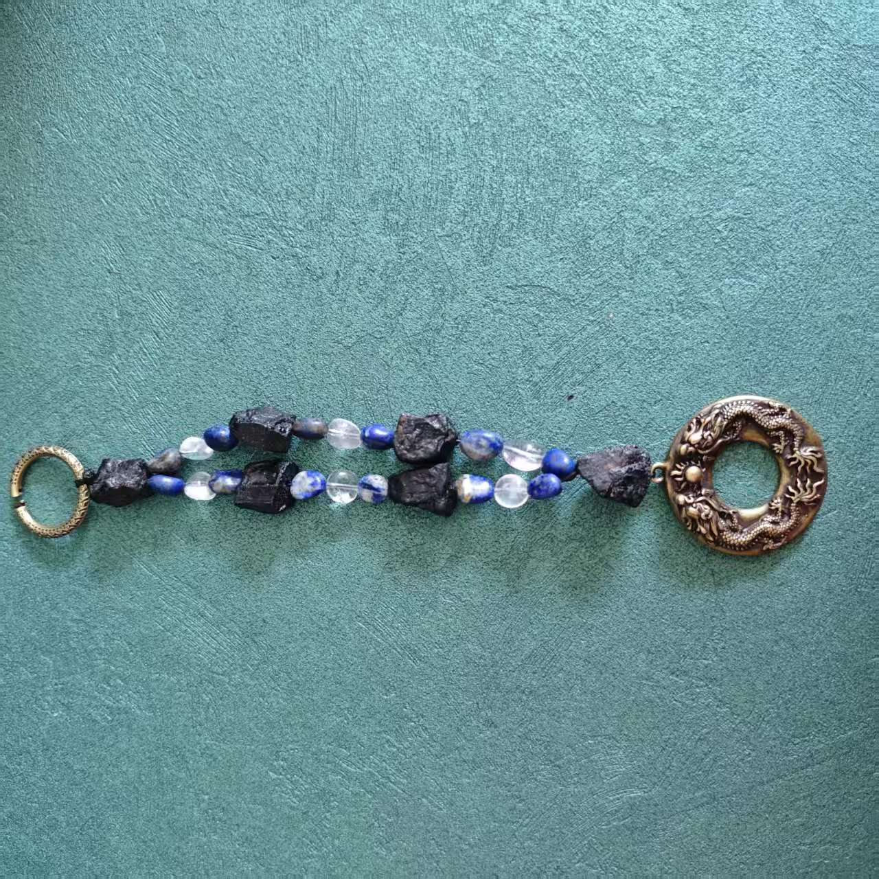 Solid Brass Double Dragon Pearl Keychain, Raw Black Tourmaline Lapis Lazuli Clear Quartz Charm