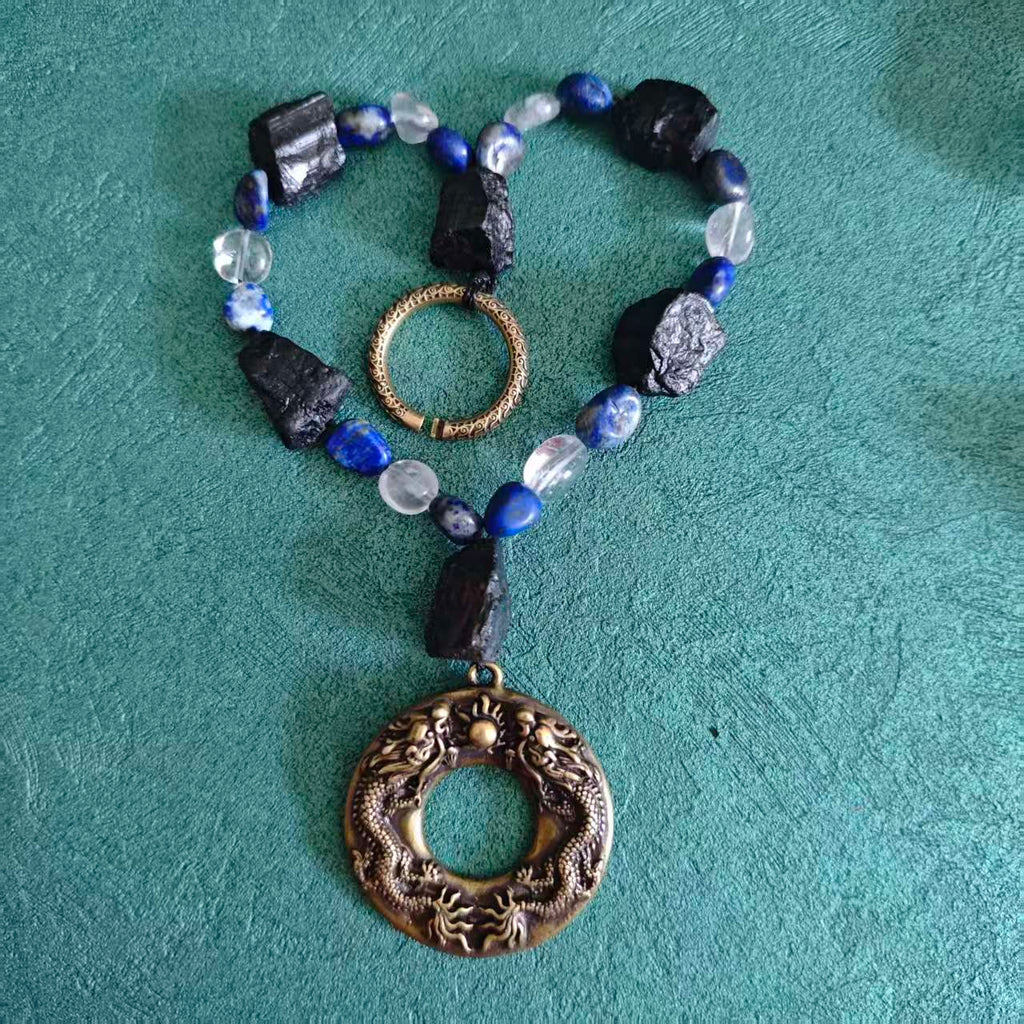Solid Brass Double Dragon Pearl Keychain, Raw Black Tourmaline Lapis Lazuli Clear Quartz Charm