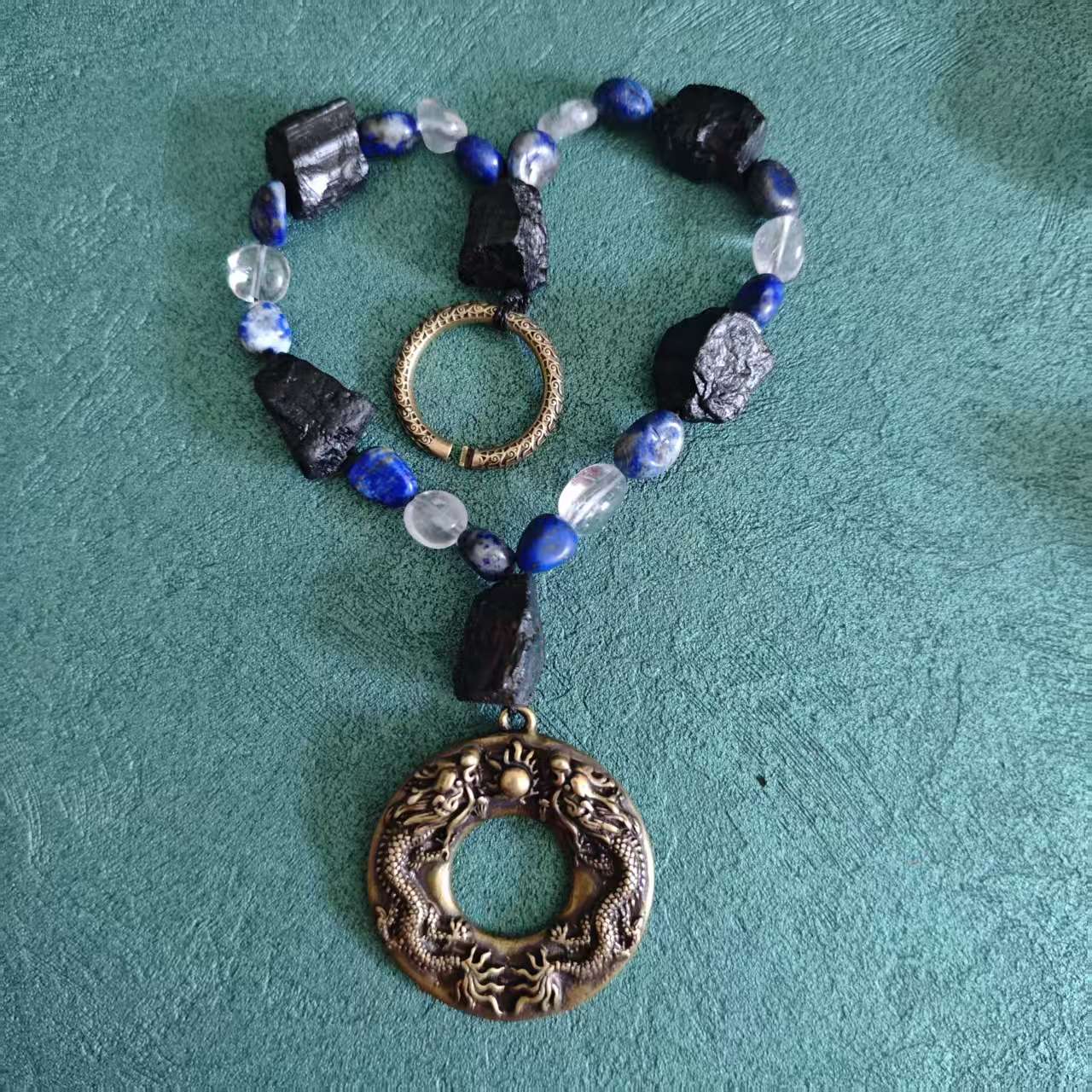 Solid Brass Double Dragon Pearl Keychain, Raw Black Tourmaline Lapis Lazuli Clear Quartz Charm
