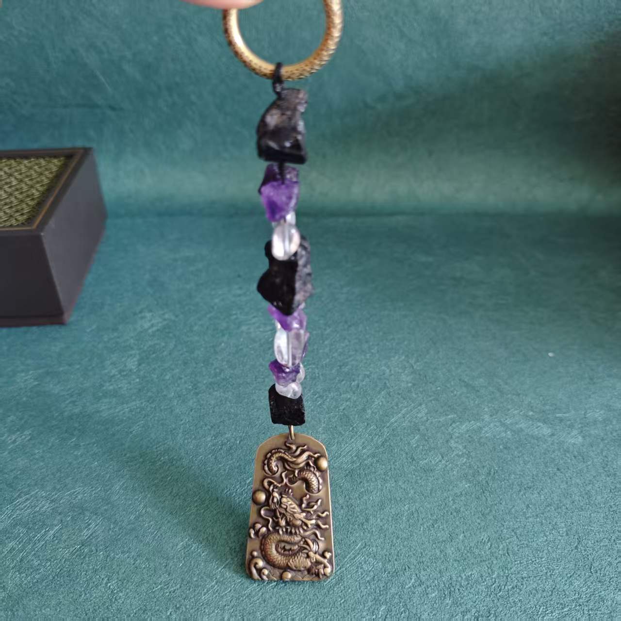 Original Design Natural Crystal Solid Brass Dragon Charm, Black Tourmaline Amethyst Clear Quartz Keychain