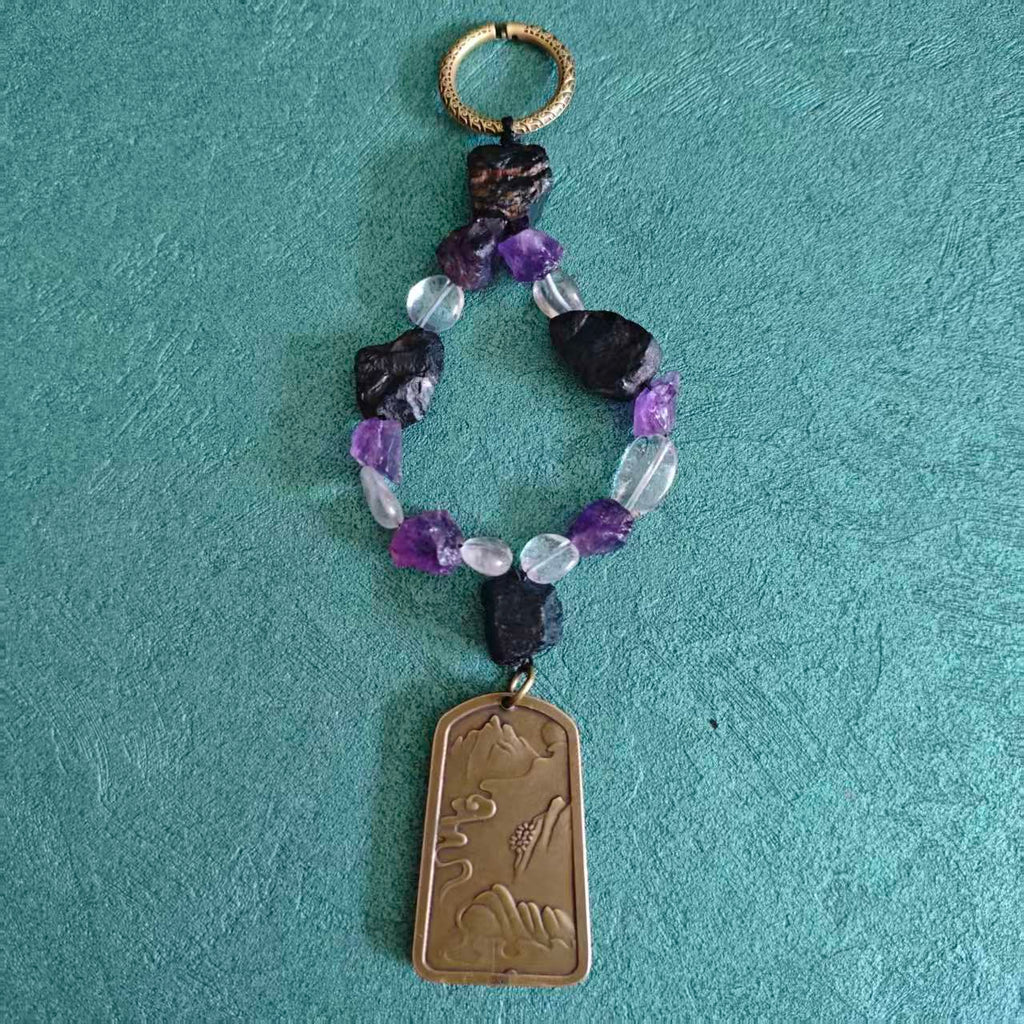 Original Design Natural Crystal Solid Brass Dragon Charm, Black Tourmaline Amethyst Clear Quartz Keychain