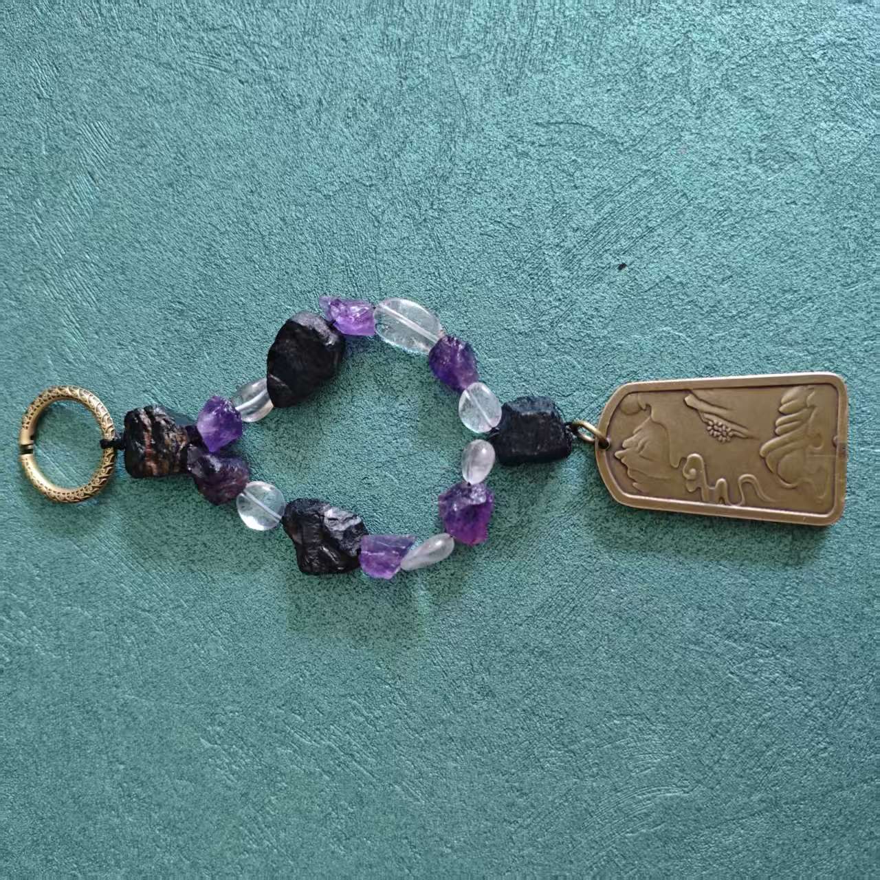 Natural Crystal Solid Brass Dragon Charm, Black Tourmaline Amethyst Clear Quartz Keychain