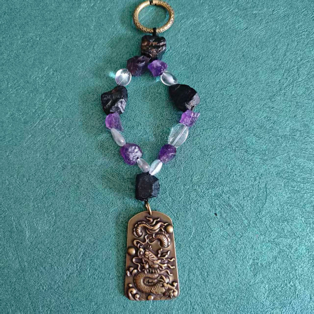 Original Design Natural Crystal Solid Brass Dragon Charm, Black Tourmaline Amethyst Clear Quartz Keychain