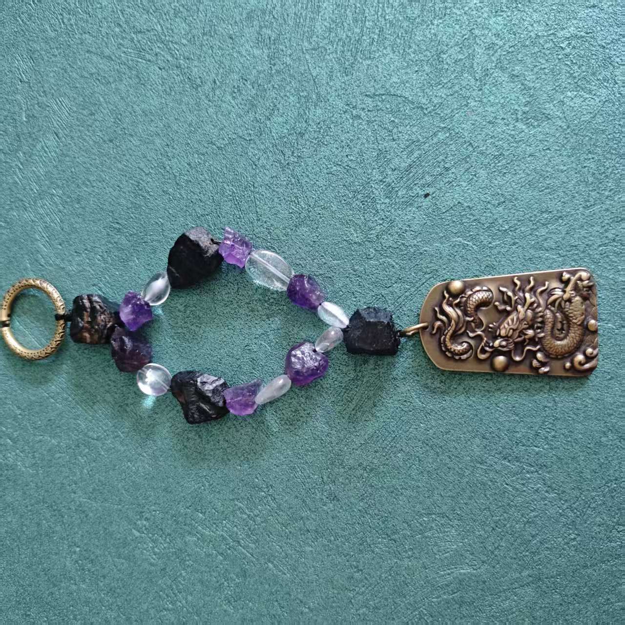 Natural Crystal Solid Brass Dragon Charm, Black Tourmaline Amethyst Clear Quartz Keychain