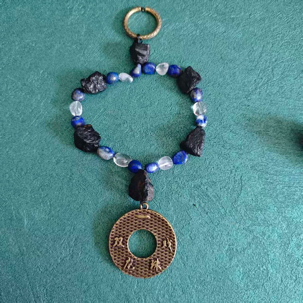 Solid Brass Double Dragon Pearl Keychain, Raw Black Tourmaline Lapis Lazuli Clear Quartz Charm