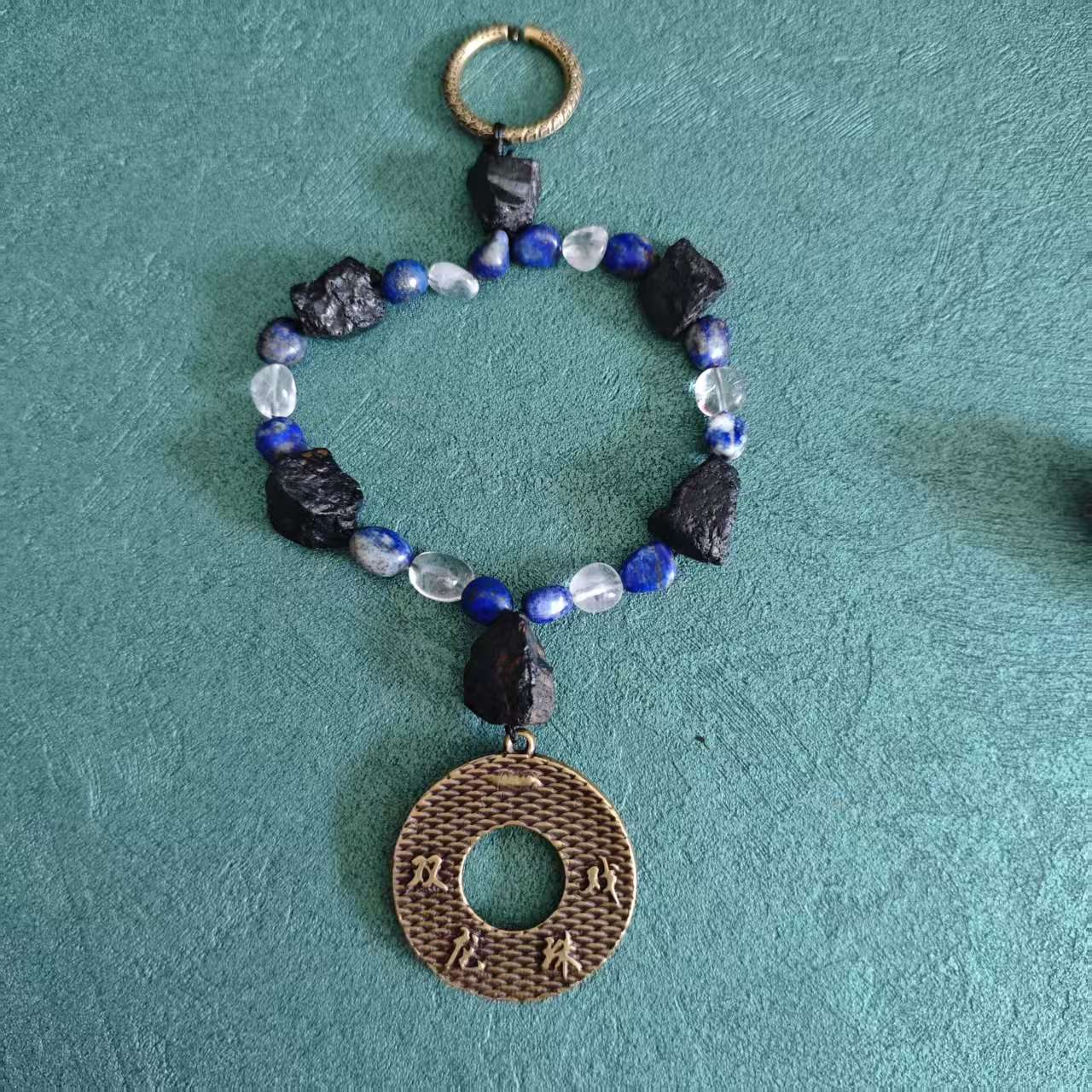Solid Brass Double Dragon Pearl Keychain, Raw Black Tourmaline Lapis Lazuli Clear Quartz Charm