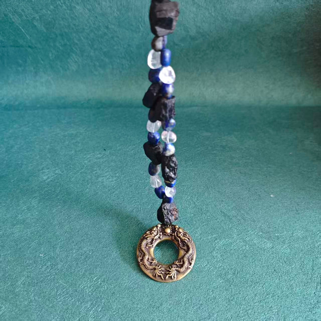 Solid Brass Double Dragon Pearl Keychain, Raw Black Tourmaline Lapis Lazuli Clear Quartz Charm