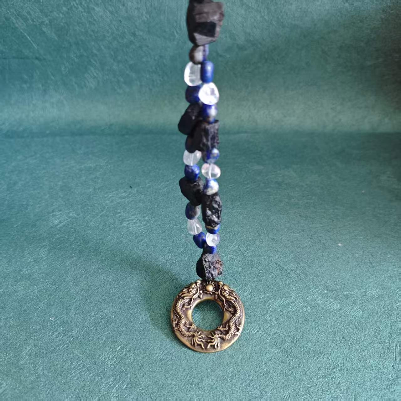 Solid Brass Double Dragon Pearl Keychain, Raw Black Tourmaline Lapis Lazuli Clear Quartz Charm