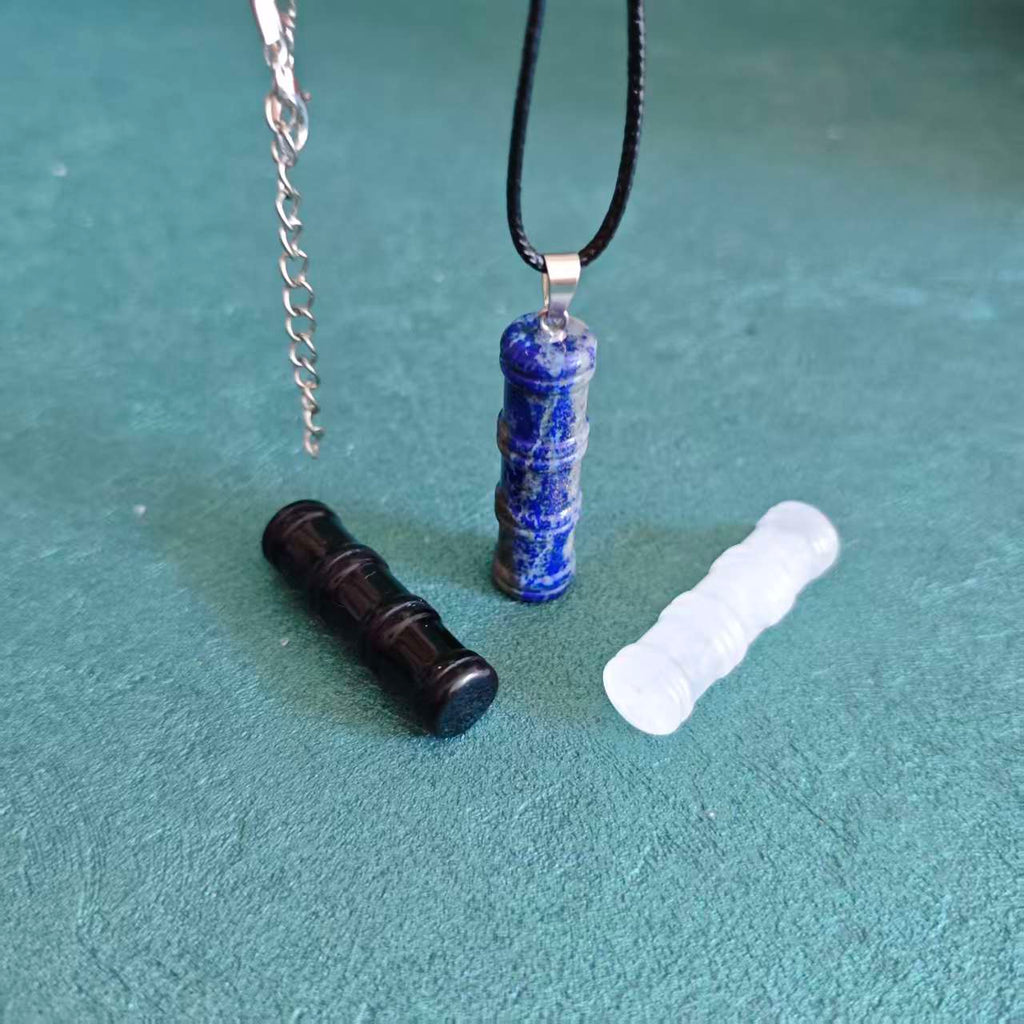 Natural Crystal Bamboo Pendant Necklace - Clear Quartz Black Obsidian Lapis Lazuli