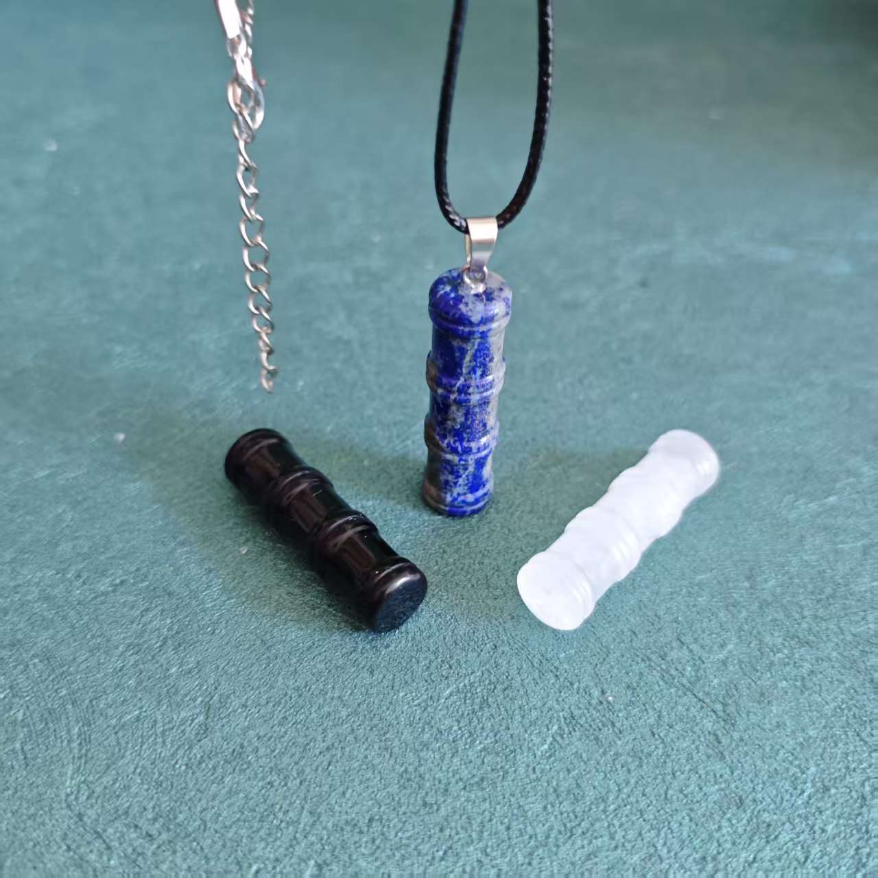 Natural Crystal Bamboo Pendant Necklace - Clear Quartz Black Obsidian Lapis Lazuli