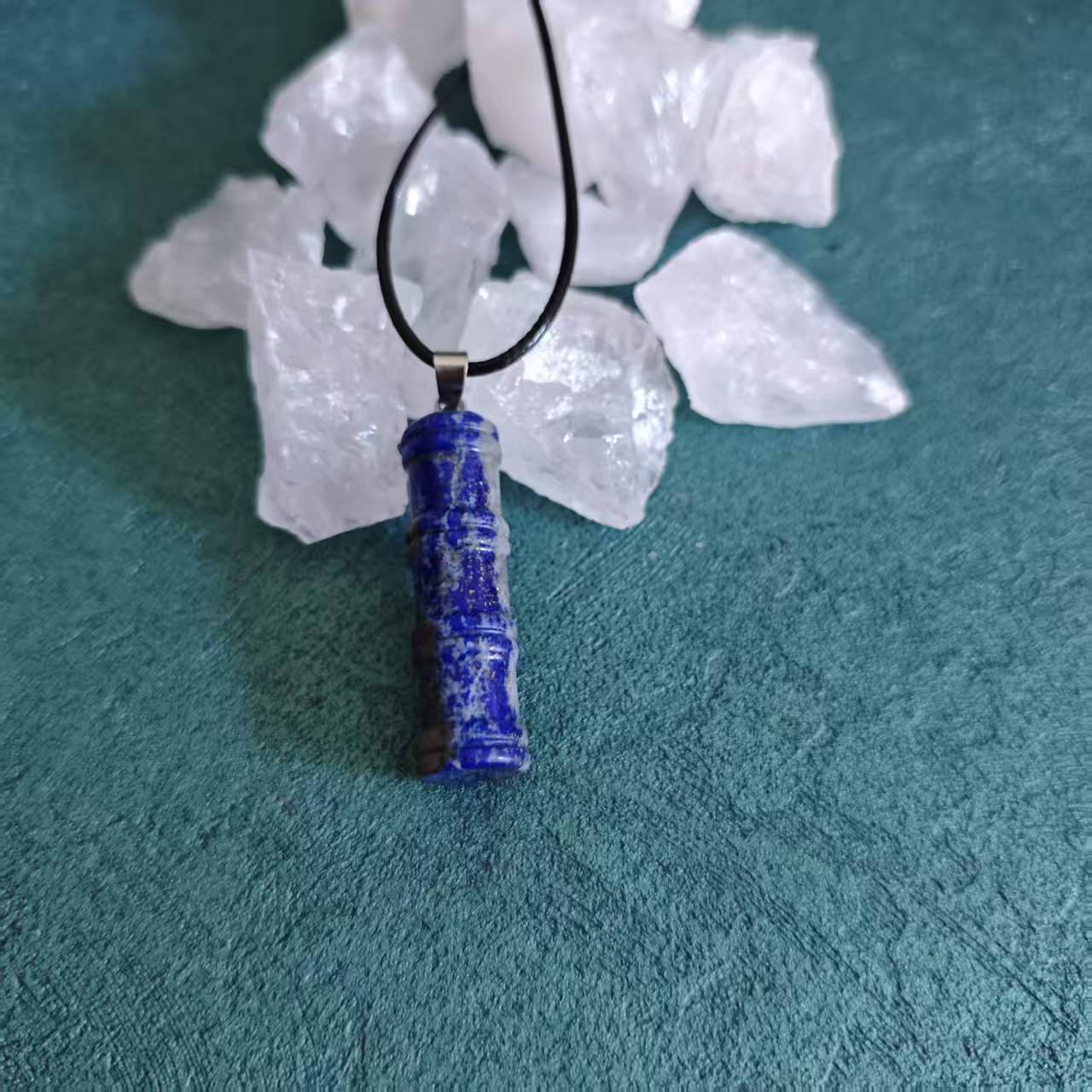 Natural Crystal Bamboo Pendant Necklace - Clear Quartz Black Obsidian Lapis Lazuli