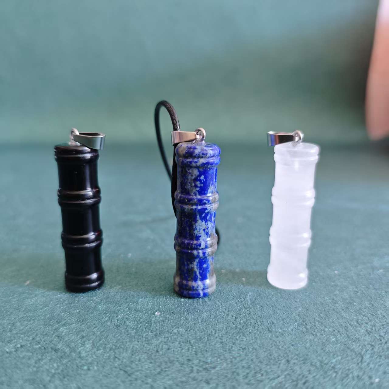 Natural Crystal Bamboo Pendant Necklace - Clear Quartz Black Obsidian Lapis Lazuli