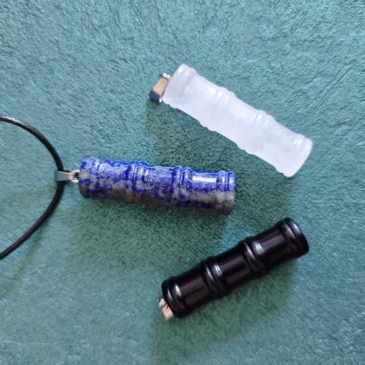 Natural Crystal Bamboo Pendant Necklace - Clear Quartz Black Obsidian Lapis Lazuli