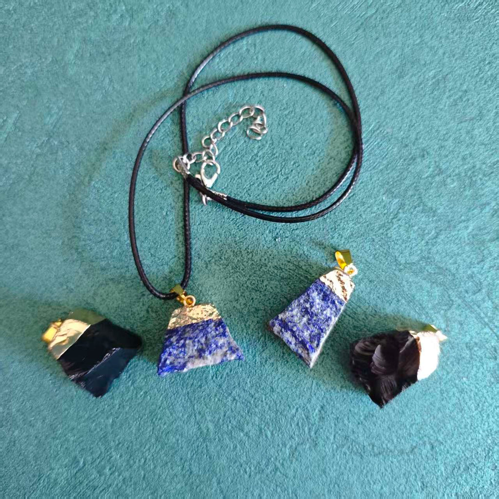 Lapis Lazuli  Black Obsidian Pendant, Spiritual Protection Natural Crystal Necklace