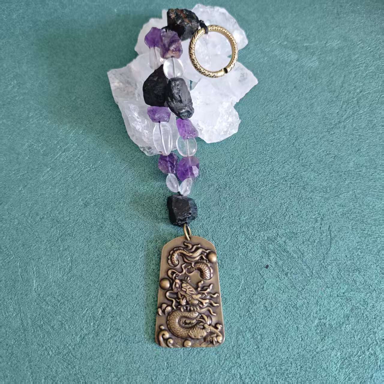 Natural Crystal Solid Brass Dragon Charm, Black Tourmaline Amethyst Clear Quartz Keychain