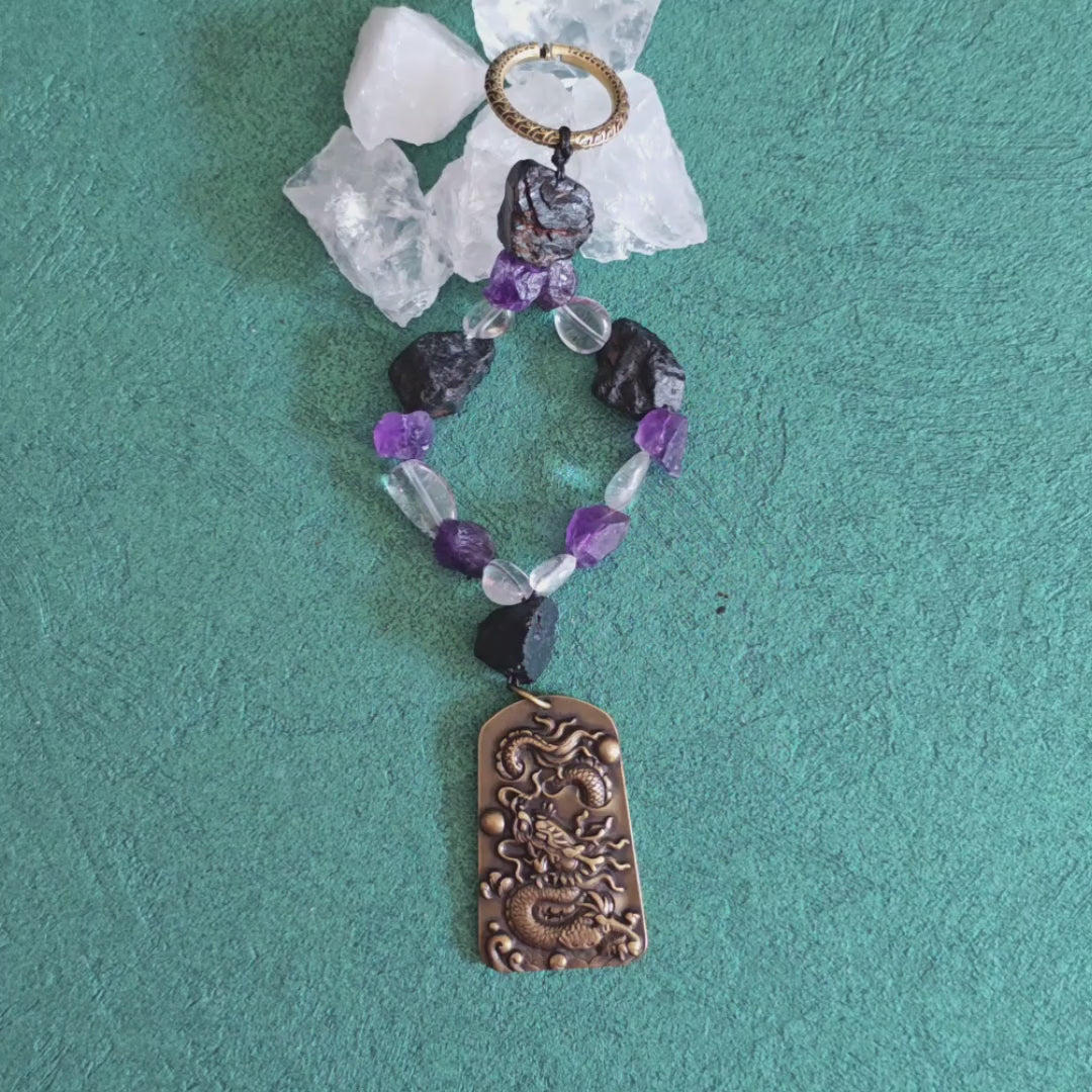 Natural Crystal Solid Brass Dragon Charm, Black Tourmaline Amethyst Clear Quartz Keychain