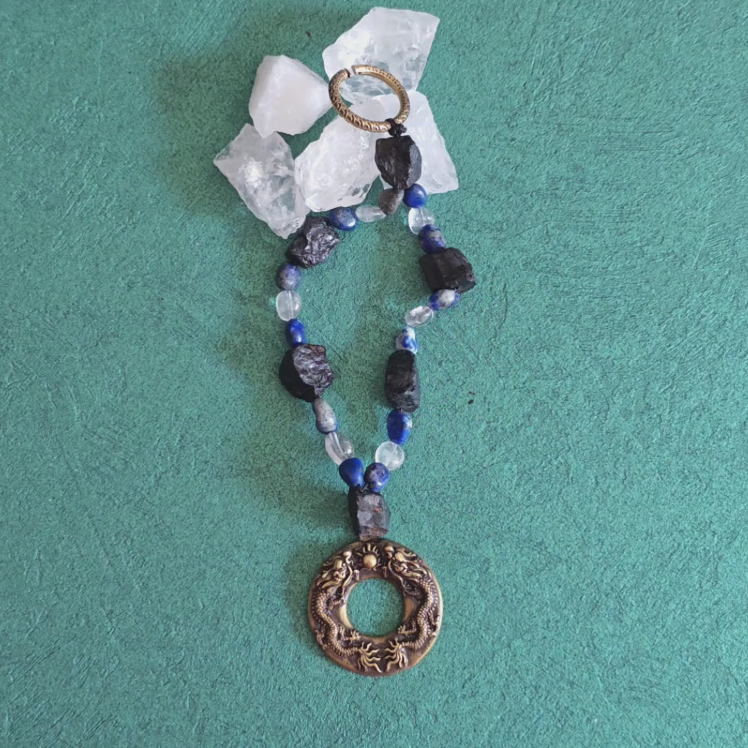Solid Brass Double Dragon Pearl Keychain, Raw Black Tourmaline Lapis Lazuli Clear Quartz Charm